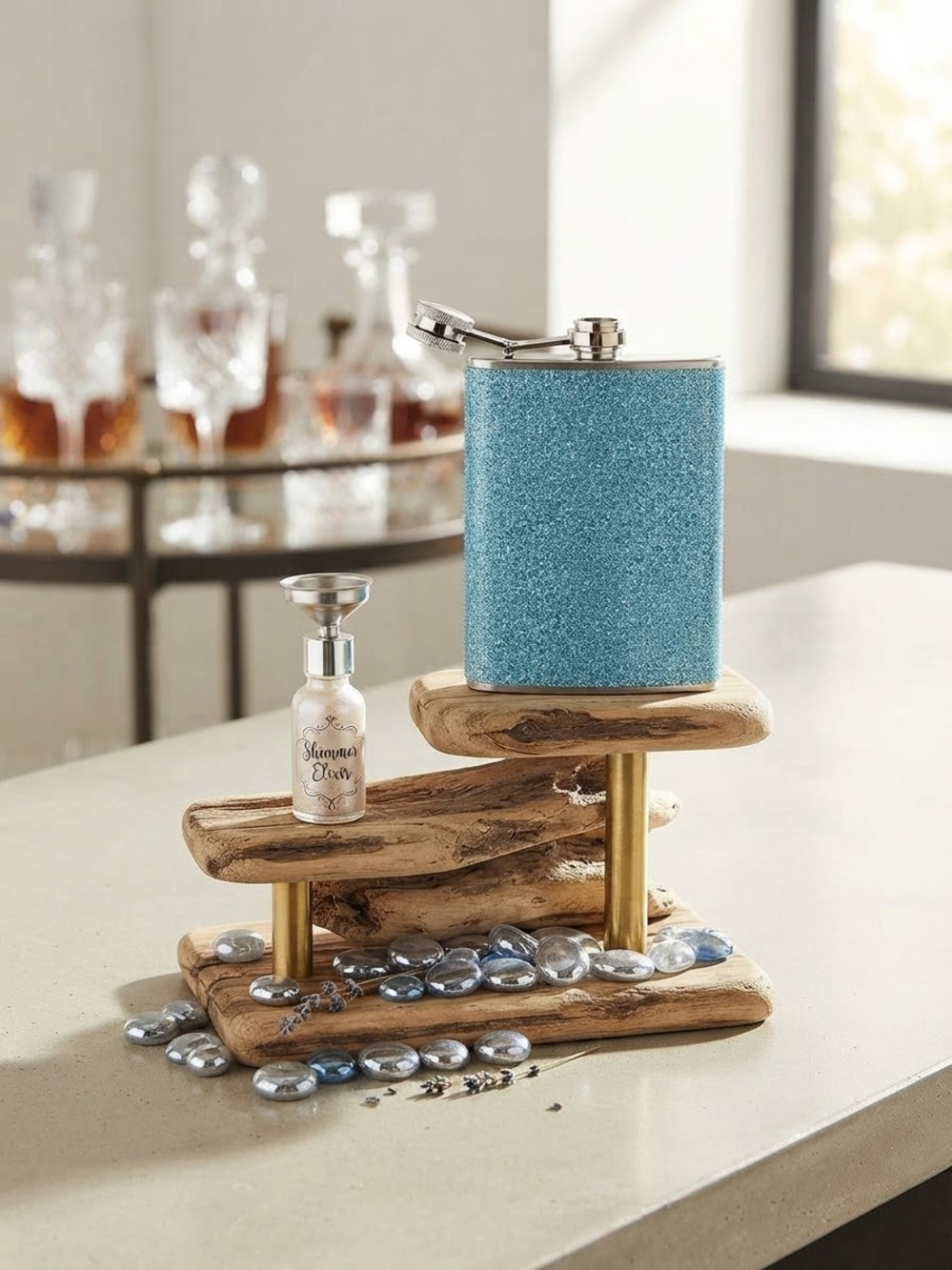 Glitter Blue Stainless Steel Flask and Funnel
